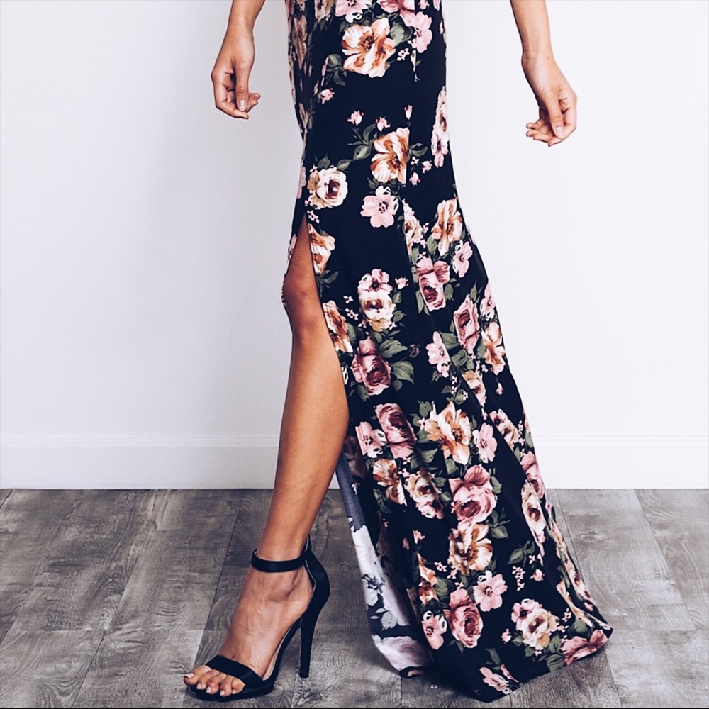 Floral Front Tie Cutout Maxi Dress, Side Slit - Picture 4 of 5